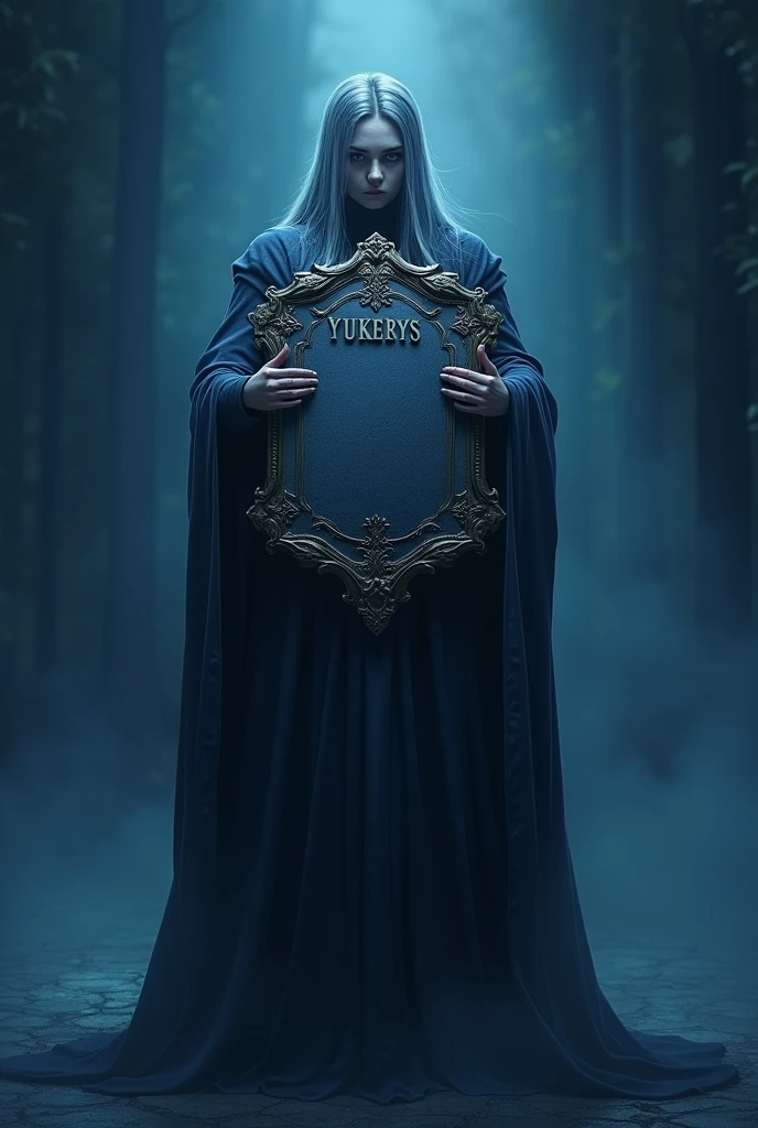 Create an image with a dark blue background with a white gradient, in the center of the image use a witch photo from the game clans of clans of large size while she holds a plaque with space to put the disclosures of my clan. On top of the plaque written Yukerys