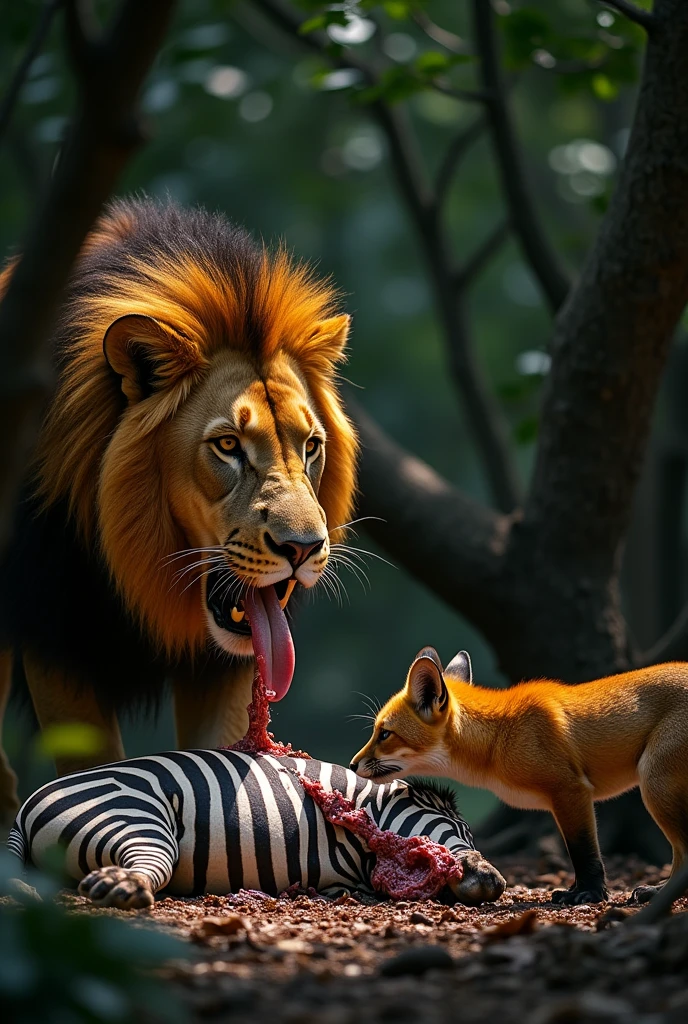 lion which eating  zebra
  and  that lion it is in hole in forest 
And fox eating  with the lion 