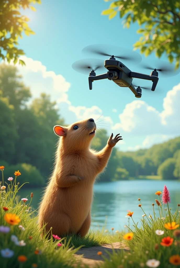 A capybara launches a drone from its paw. realistic style