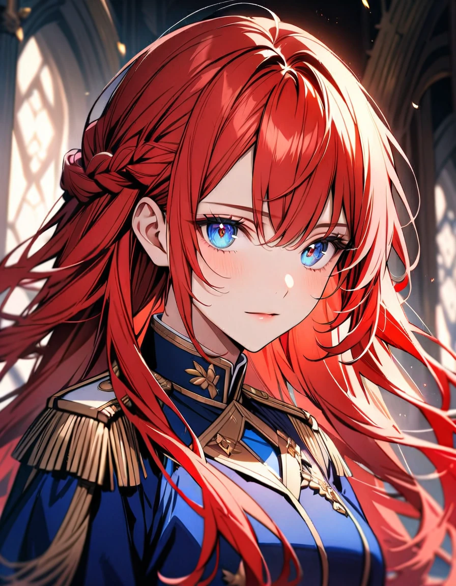 (Highest quality), (Very detailed),so beautiful, female, red hair, detailed blue eyes, handsome, noble uniform, beautiful detailed eyes, long hair,braided hair