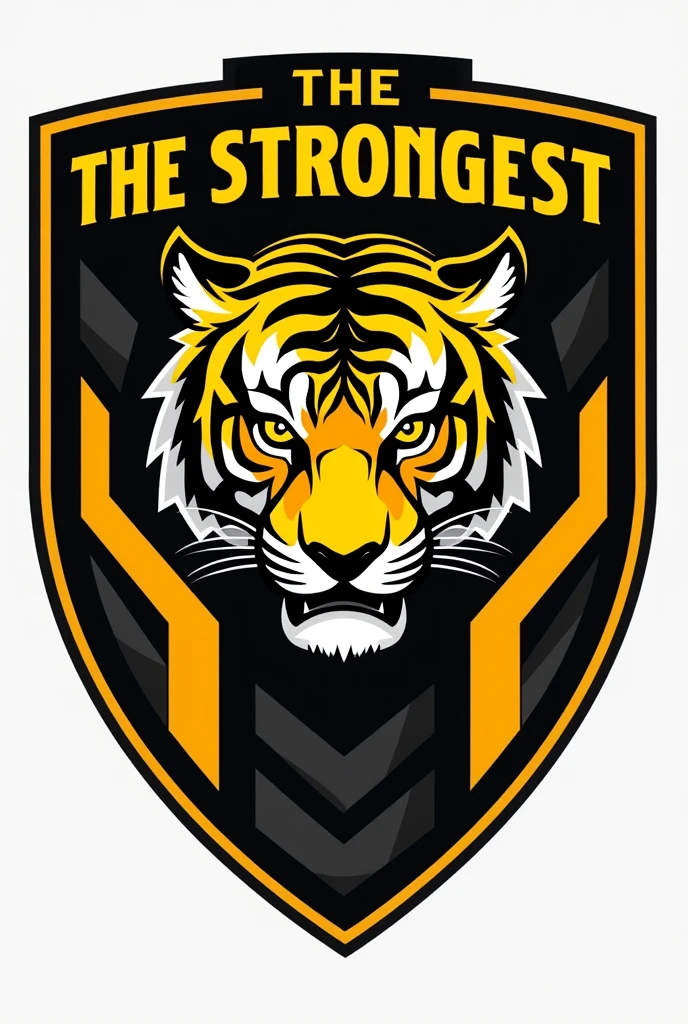 Create a crest for a football team called 'THE STRONGEST'. The design must include the title 'THE STRONGEST' prominently AT THE TOP AND THE WORD "THE RODEO" AT THE BOTTOM OF THE SHIELD, . Use BLACK and yellow as main colors, divided with vertical lines. The shield should have a modern and elegant look, incorporating elements that symbolize strength, unity and sportsmanship. besides, includes a tiger that blends harmoniously with the shield.