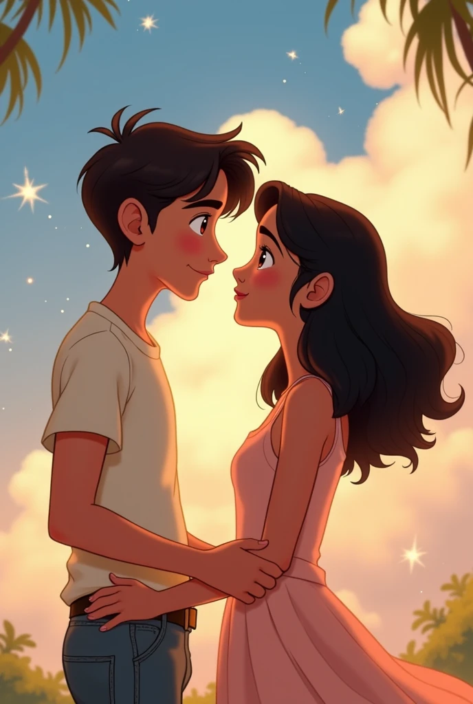 casal adolescente offwhite olhando um pro outro de frente.  Cao Cao, offwhite, Scrawny, with straight, dark brown hair, eyes browns.  lowrise, gorda, curly, black hair that falls below the shoulders, eyes browns. arte disney