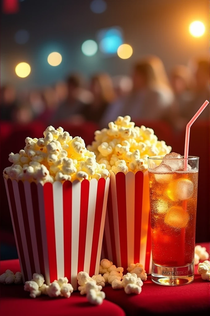 Create an image of two large popcorn boxes and a glass of drink