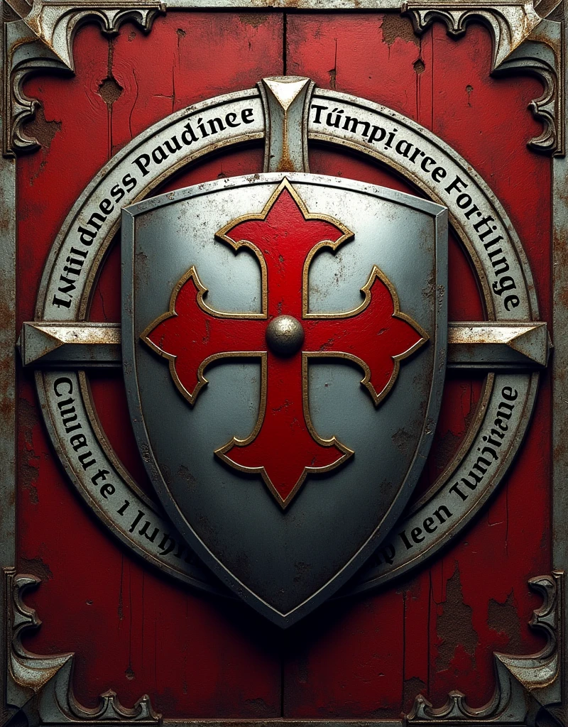 circular logo inspired by the Knights Templar. The central icon should be a silver shield with a red cross. The border of the logo should feature the words: "Mildness, Prudence, Temperance, Courage, Fortitude, Justice" inscribed around the edge. The overall style should evoke the craftsmanship of medieval artisans, with textures and details reminiscent of traditional medieval artwork.