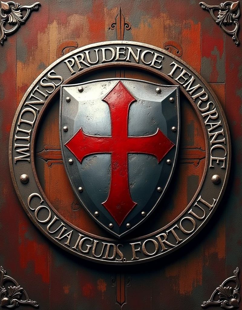 circular logo inspired by the Knights Templar. The central icon should be a silver shield with a red cross. The border of the logo should feature the words: "Mildness, Prudence, Temperance, Courage, Fortitude, Justice" inscribed around the edge. The overall style should evoke the craftsmanship of medieval artisans, with textures and details reminiscent of traditional medieval artwork.