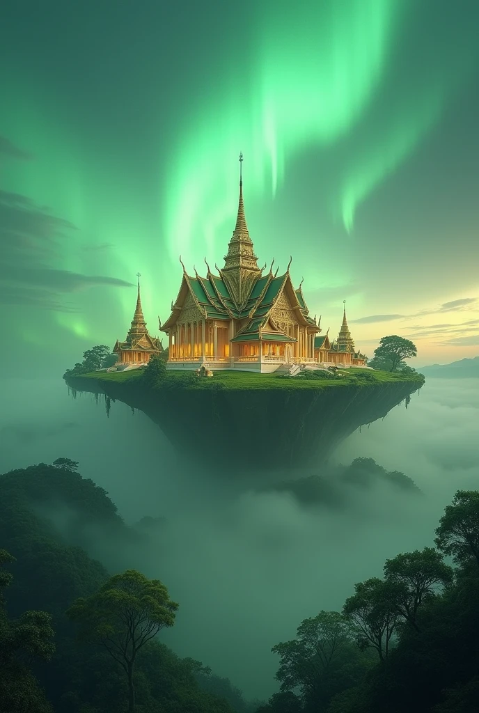 Wat Phra Kaew is located on a floating land with a soft green light in the sky.