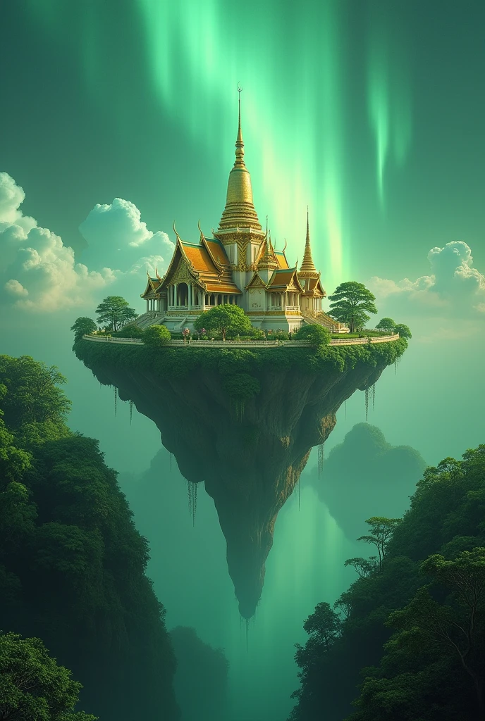 Wat Phra Kaew is located on a floating land with a soft green light in the sky.