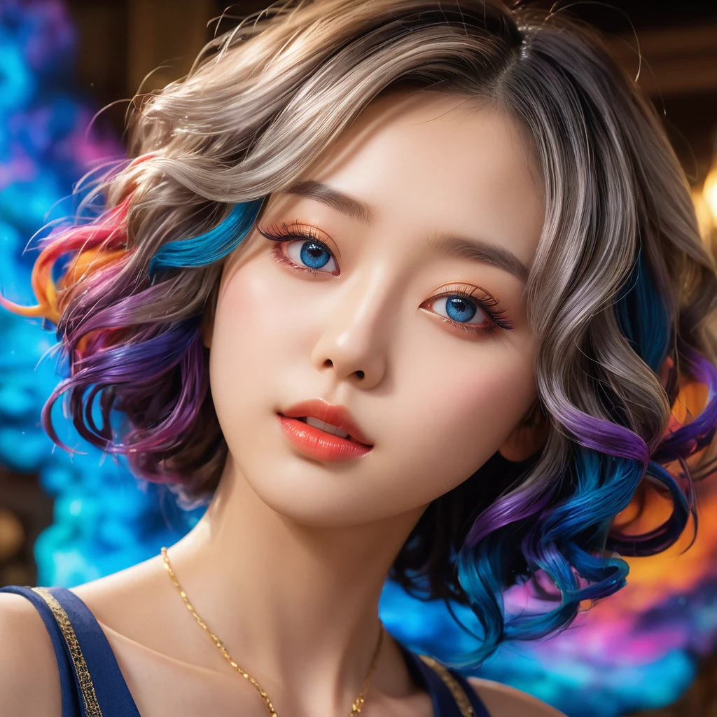 a beautiful young japanese girl, 20 years old, with curly medium ash gray hair, extremely detailed face, beautiful detailed eyes, beautiful detailed lips, long eyelashes, masterpiece, best quality, 8k, hyperrealistic, vibrant colors, cinematic lighting, intricate details, warm lighting, dramatic pose, elegant, serene, thoughtful expression, mystical atmosphere, fantasy, magical realism, colorful, colorful sky with a bright orange and blue nebula, twisted clouds, magic, (best quality,4k,8k,highres,masterpiece:1.2), ultra-detailed, studio lighting, ultra-fine painting, sharp focus, physically-based rendering, extreme detail description, professional, vivid colors, fantasy, Anime style, ImgFixerPre0.3