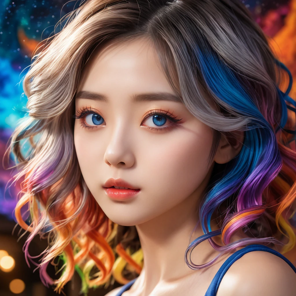 a beautiful young japanese girl, 20 years old, with curly medium ash gray hair, extremely detailed face, beautiful detailed eyes, beautiful detailed lips, long eyelashes, masterpiece, best quality, 8k, hyperrealistic, vibrant colors, cinematic lighting, intricate details, warm lighting, dramatic pose, elegant, serene, thoughtful expression, mystical atmosphere, fantasy, magical realism, colorful, colorful sky with a bright orange and blue nebula, twisted clouds, magic, (best quality,4k,8k,highres,masterpiece:1.2), ultra-detailed, studio lighting, ultra-fine painting, sharp focus, physically-based rendering, extreme detail description, professional, vivid colors, fantasy, Anime style, ImgFixerPre0.3