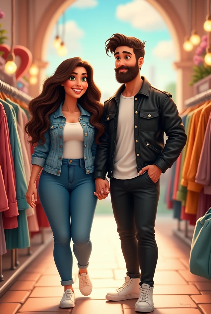 Disney 6D a woman shopping for plus size clothes
Her husband is holding her hand next to her.

The woman has long, dark brown, thick hair and green eyes
She is wearing a denim jacket, jeans, and white shoes

The man has brown hair, brown eyes and a thick brown beard
He is wearing a white T-shirt and a black leather jacket with black trousers and white shoes 



