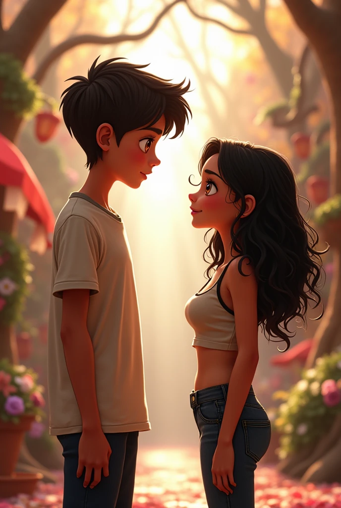 casal adolescente offwhite olhando um pro outro de frente. tall boy, offwhite, Scrawny, with straight, dark brown hair, eyes browns. lowrise, gorda, chubby, small fort, curly, black hair that falls below the shoulders, eyes browns. arte disney