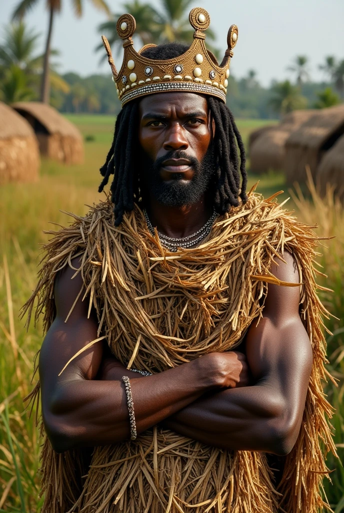 Black man covered in straw covering his FACE and his entire body except his arms, to hide the scars he has all over his body, his name is Omulu and he wears a crown with cowrie shells because he is the king of an ancient kingdom that was located in what is now Nigeria. 