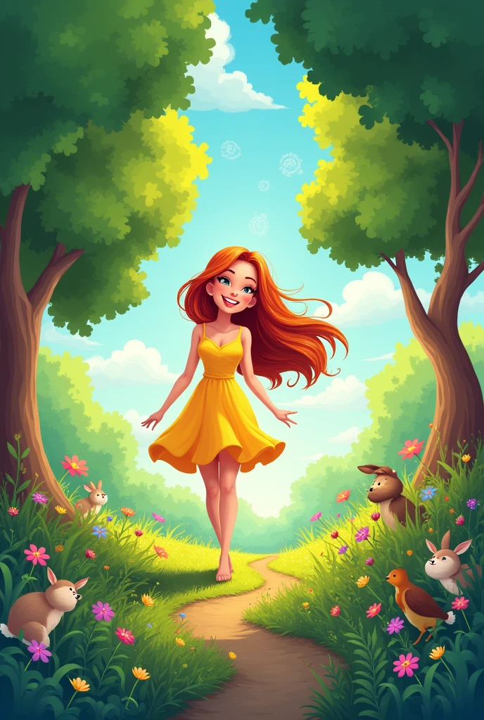 Create a simple cartoon cover about a woman in a forest