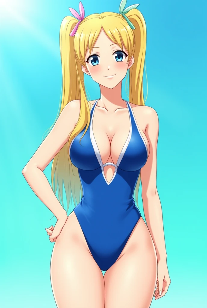 Style_anime_2d, 1girl, hiyori(Bleach), breasts, solo, blonde_hair, swimsuit, blue_eyes, hairclip, one-piece_swimsuit, hair_ornament, navel, cleavage, highleg, lips, twintails, highleg_swimsuit, large_breasts, thighs, shiny, navel_cutout, drill_hair, shiny_skin, bare_shoulders, huge_breasts, parted_lips, skindentation, clothing_cutout, gradient_background, gradient, collarbone, cowboy_shot, standing, blue_one-piece_swimsuit, thick_thighs
