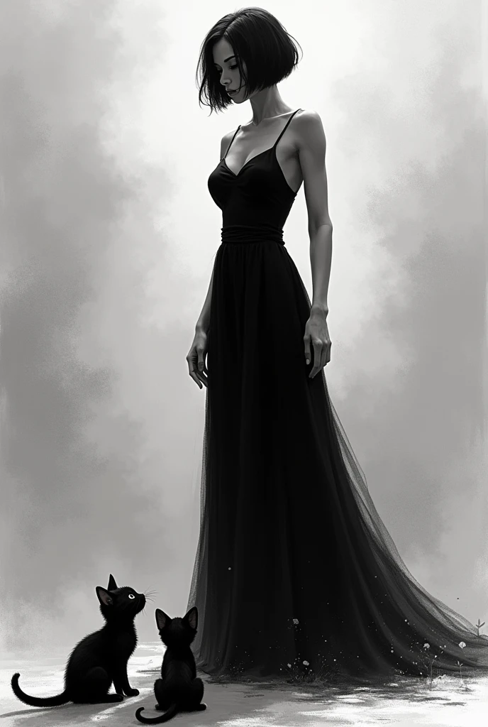(Photorealism:1.2), black and white drawing of a large woman dressed in black, short black hair channel, finding two black kittens that stare at her.