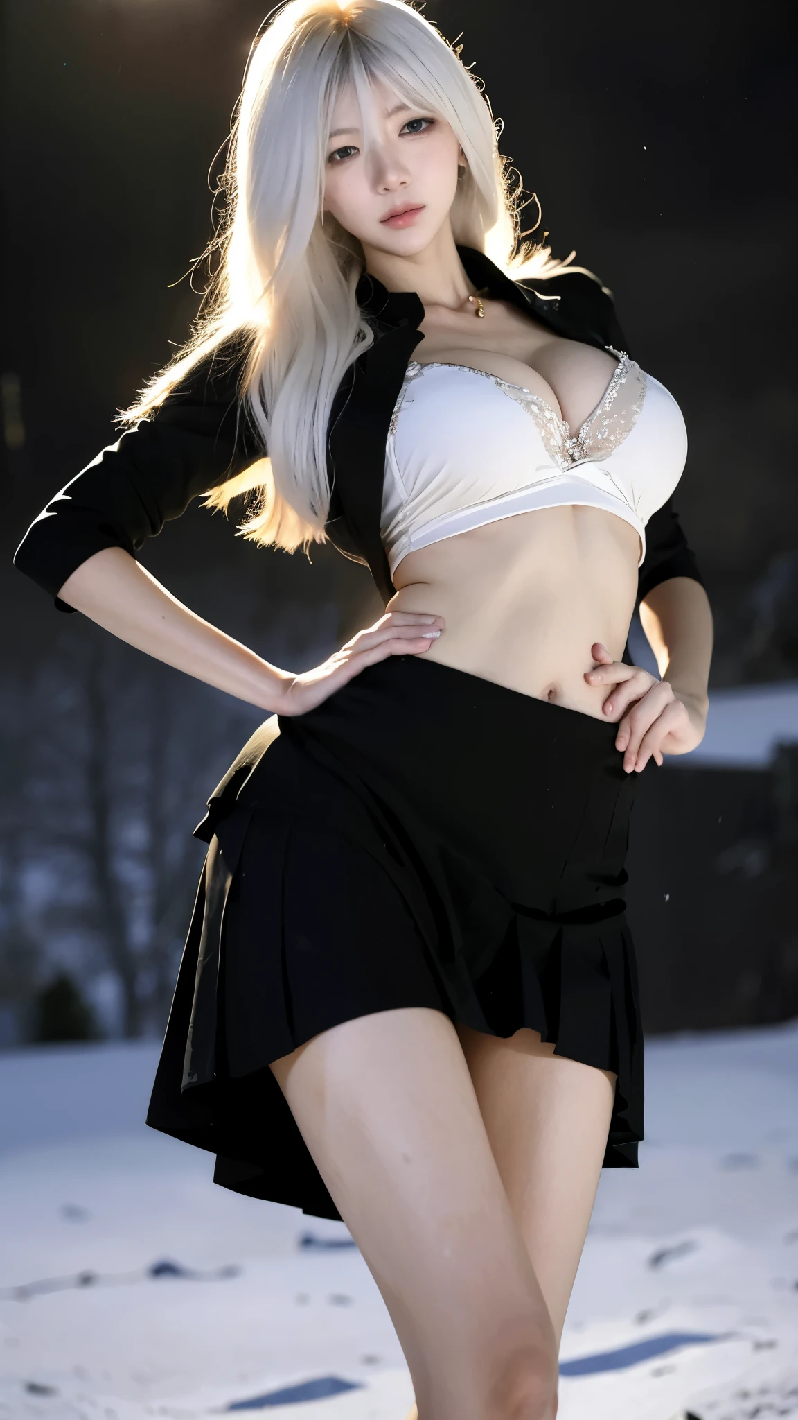 Beautiful woman with perfect figure:1.4、snow、Touching butt with both hands、snow背景、Layered Hairstyle、Fair skin、Cleavage highlights、Pleated Skirt、whole body、The face and skin texture are very fine.、black，Double eyelids、Skin Whitening、White hair