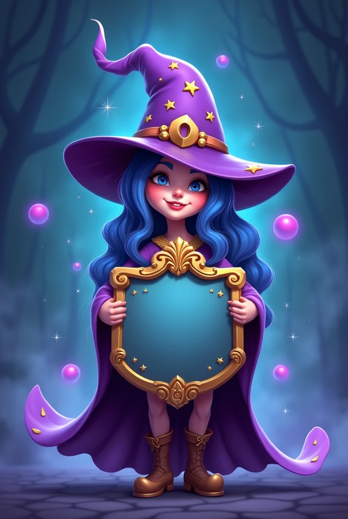  Create a cartoon image with a dark blue background and white gradient, in the center of the image use a witch photo from the game clans of clans of large size while she holds a plaque with space to put the disclosures of my clan. On top of the plaque written Yukerys