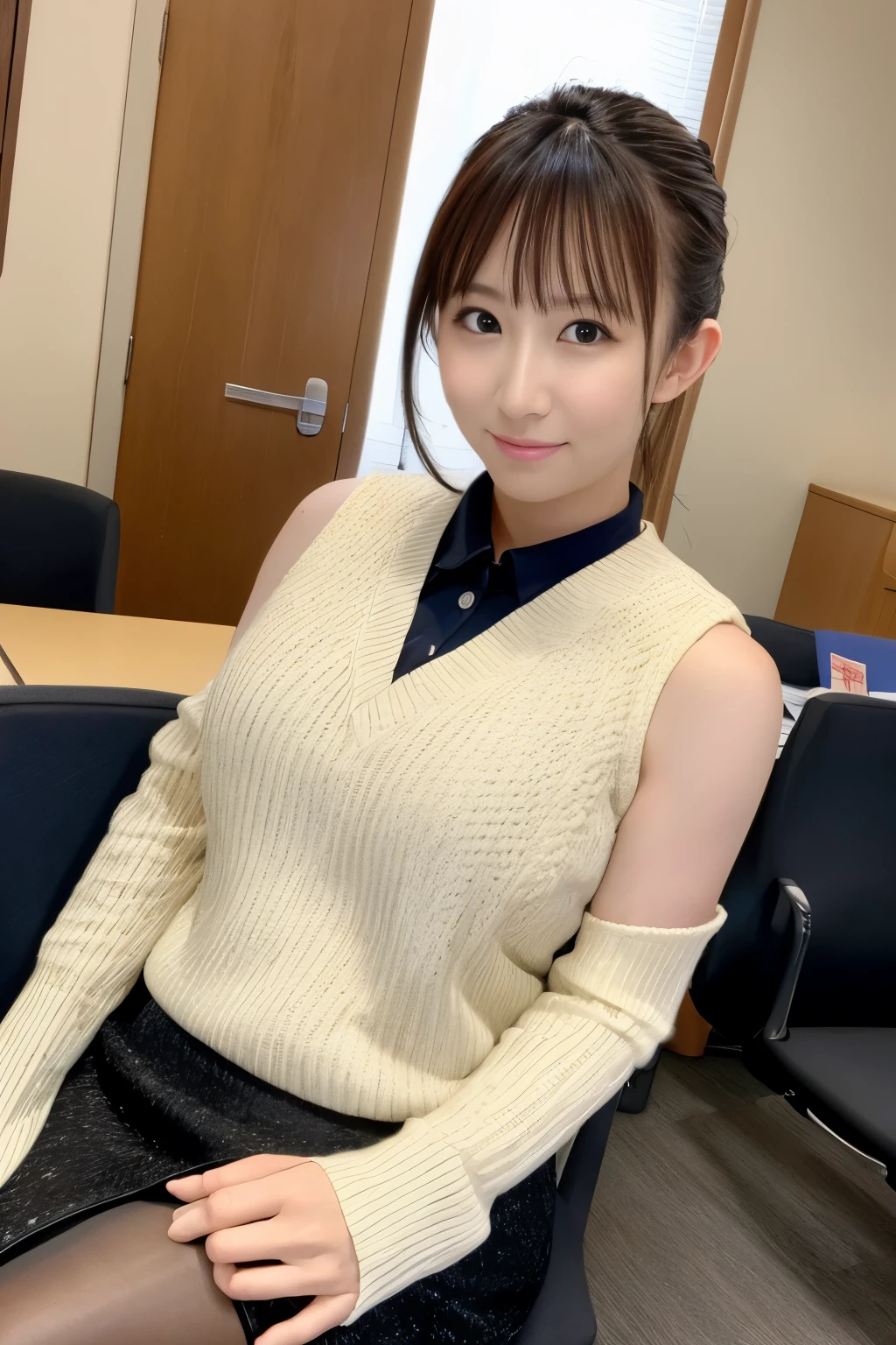 masterpiece, High resolution, Perfect Face, The Beauty of Japan, 30 years old, Beautiful Face, office, Sleeveless sweater, mini pencil skirt, tights, embarrButted look, Looking at the camera, Top quality eyes, Detailed Texture, Looking at the camera, Moderate , Married women, Cool women, High resolutionの目, return, Butt
、(see-through bra:0.75)