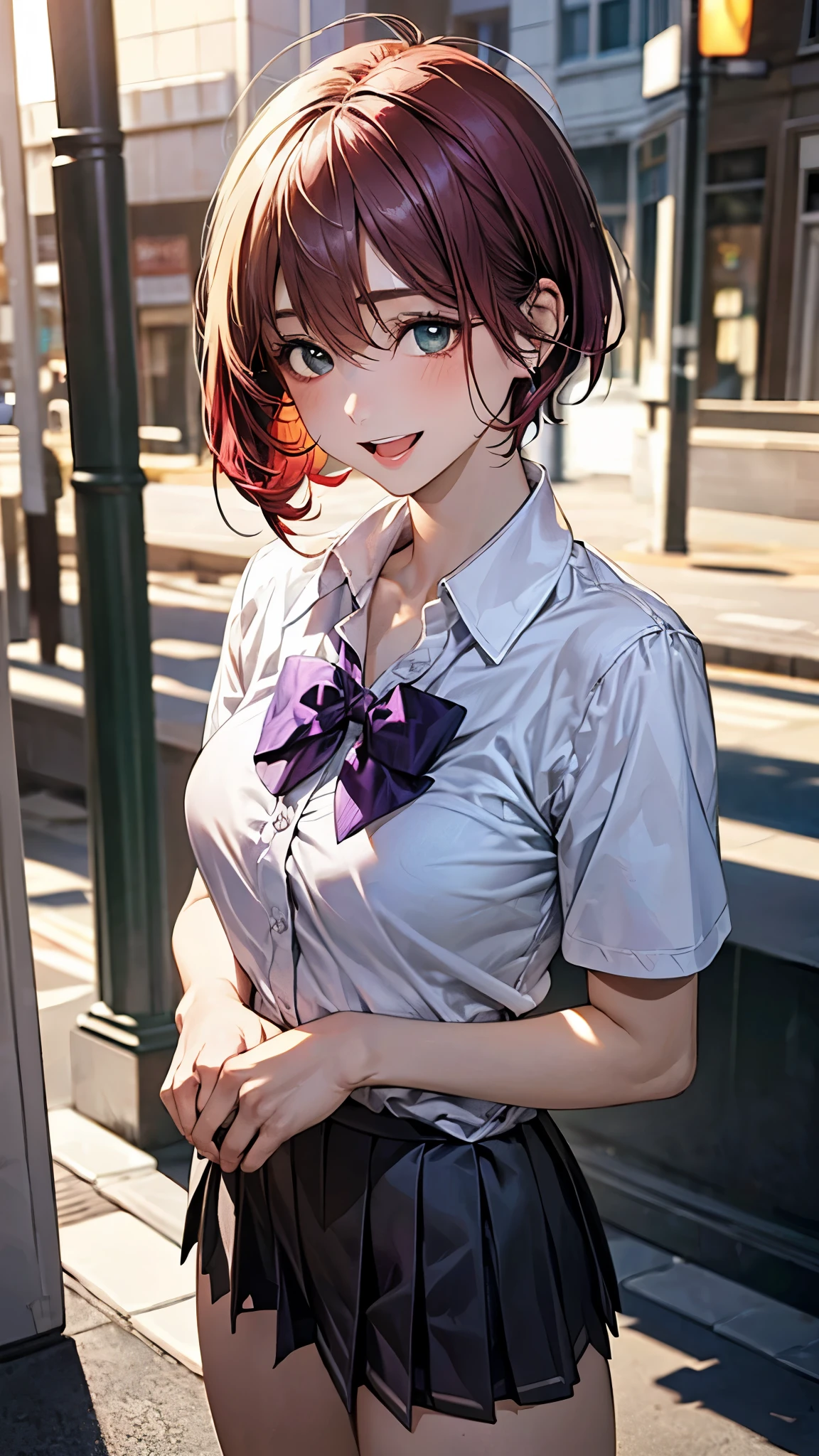 (masterpiece:1.2, highest quality), (realistic photo:1.4), beautiful illustrations, (natural side lighting, movie lighting), 
beautiful hair, beautiful face, detailed and beautiful eyes, beautiful clavicle, beautiful body, beautiful breasts, beautiful thighs, beautiful feet, beautiful fingers, 
looking at the viewer, 1 girl, high school girl, (perfect anatomy, anatomically correct, super detailed skin), cute symmetrical face, baby face, perfect face, perfect eyes, slender, 
(short hair, pixie cut hairstyle, red hair), hair between eyes, emerald green eyes, big eyes, slant eyes, long eye lasher, (medium breasts, seductive thighs), perfect body, shiny skin, 
(detailed cloth texture, break (short sleeve grey collared shirt), break (dark purple pleated skirt, dark purple bow tie), break 
(beautiful scenery), night, (street;1.2), standing, (lovely smile, upper eyes, open mouth), 
