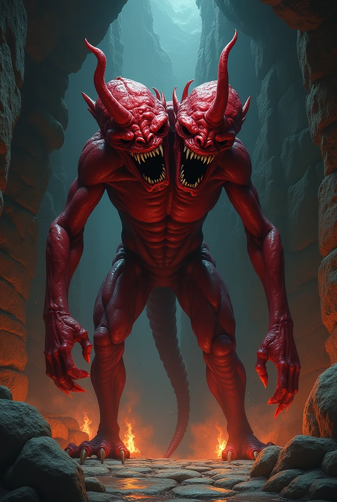 A horrifying two-headed red monster, rendered in digital art style reminiscent of Dungeons and Dragons., with humanoid shape and no eyes, only 2 big mouths inside the heads