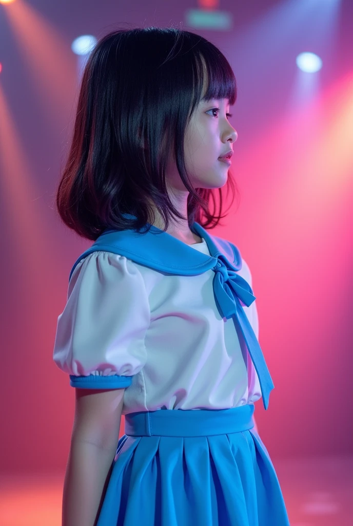 Long shot profile portrait photo of a beautiful child girl, black medium straight hair, Japanese pop idol, 50mm portrait, peformimg on colorful stage lighting, Top: Baby blue sweet collar, front button closure, baby blue solid skirt and Matching Bow Tie, blue and white shoe