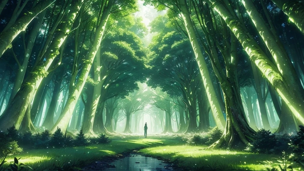 A magical forest background filled with towering trees and glowing lights that create an enchanting and mysterious atmosphere. The trees are lush and verdant, with their branches intertwined to form a canopy overhead. Soft, ethereal lights illuminate the forest floor, casting a warm and mystical glow. The scene exudes a sense of wonder and otherworldly beauty, perfect for a fantastical setting
