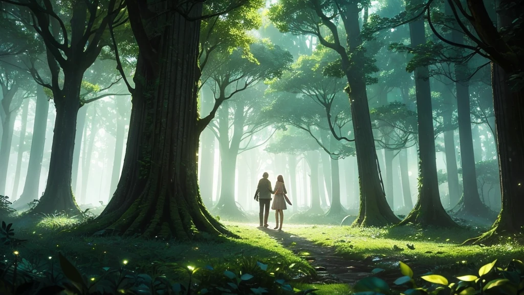 A magical forest background filled with towering trees and glowing lights that create an enchanting and mysterious atmosphere. The trees are lush and verdant, with their branches intertwined to form a canopy overhead. Soft, ethereal lights illuminate the forest floor, casting a warm and mystical glow. The scene exudes a sense of wonder and otherworldly beauty, perfect for a fantastical setting
