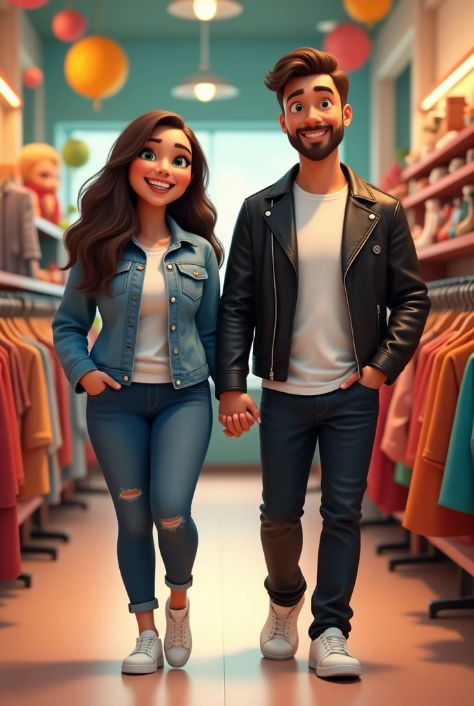 Disney 6D a woman shopping for plus size clothes
Her husband is holding her hand next to her.

The woman has long, dark brown, thick hair and green eyes
She is wearing a denim jacket, jeans, and white shoes

The man has brown hair, brown eyes and a thick brown beard
He is wearing a white T-shirt and a black leather jacket with black trousers and white shoes 


