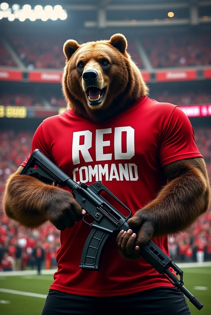 Create a red shirt for an organized team, with a big angry bear with an , written RED COMMAND 
