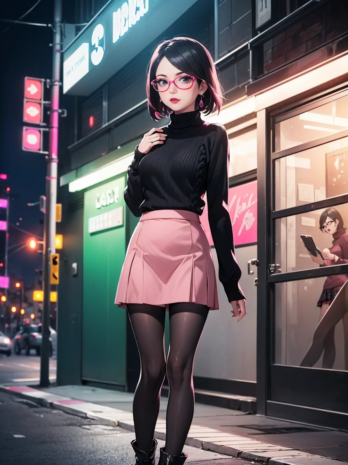 (1girl, solo, alone), (WakatsukiRisa, Sarada Uchiha, black hair, short hair, black eyes, red glasses), ((solo, (1woman, pink lipstick, (small breasts)), Extremely detailed, ambient soft lighting, 4k, perfect eyes, a perfect face, perfect lighting, a 1girl)), austere, ((parading on the sidewalk, (black sweater, women's knit sweater, long-sleeved sweater, black knit sweater), (((pink skirt)))))), (beige plaid skirt, short plaid skirt), high-heeled boots, (stiletto heel, thin heel), high-heeled boots, thigh-high boots, thigh and beige skirt, high boots, sexy look, wearing beige skirt, sexy clothes, in the city, monument, modern sculpture, Bella Poarca, Bela Vista, with neon lights, (pantyhose), boots above knee, night, lighting))