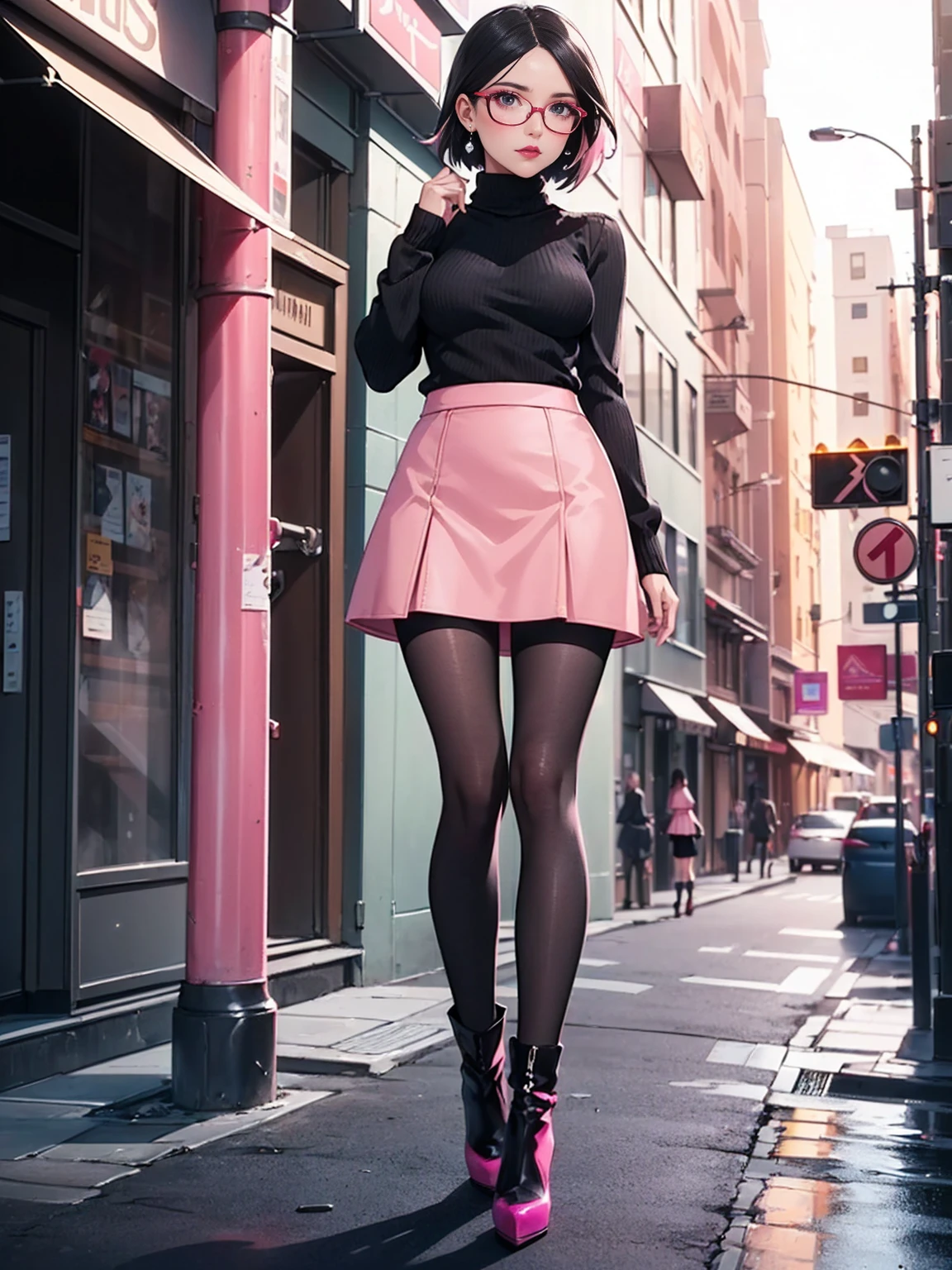 (1girl, solo, alone), (WakatsukiRisa, Sarada Uchiha, black hair, short hair, black eyes, red glasses), ((solo, (1woman, pink lipstick, (small breasts)), Extremely detailed, ambient soft lighting, 4k, perfect eyes, a perfect face, perfect lighting, a 1girl)), austere, ((parading on the sidewalk, (black sweater, women's knit sweater, long-sleeved sweater, black knit sweater), (((pink skirt)))))), (beige plaid skirt, short plaid skirt), high-heeled boots, (stiletto heel, thin heel), high-heeled boots, thigh-high boots, thigh and beige skirt, high boots, sexy look, wearing beige skirt, sexy clothes, in the city, monument, modern sculpture, Bella Poarca, Bela Vista, with neon lights, (pantyhose), boots above knee, night, lighting))