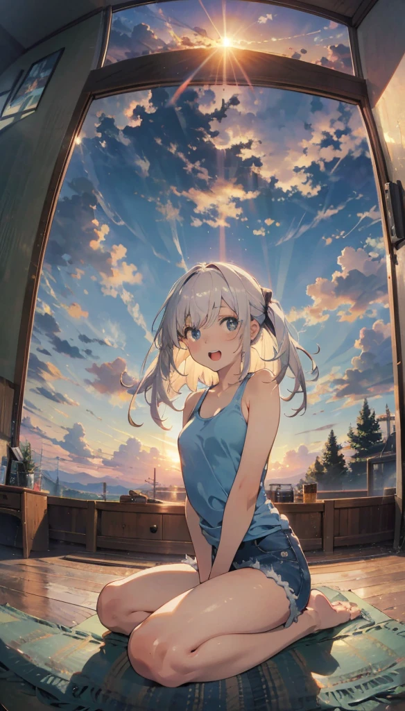 Cumulus clouds in the center of the screen, Sunset sun，daughter，Long white hair，Sitting in a seiza position,enjoy，Open your mouth，lol，Dynamic Hair，masterpiece，high quality，Written boundary depth，Storytelling Images，Fisheye lens
One person　whole body　beautiful girl　Tank top　Denim shorts