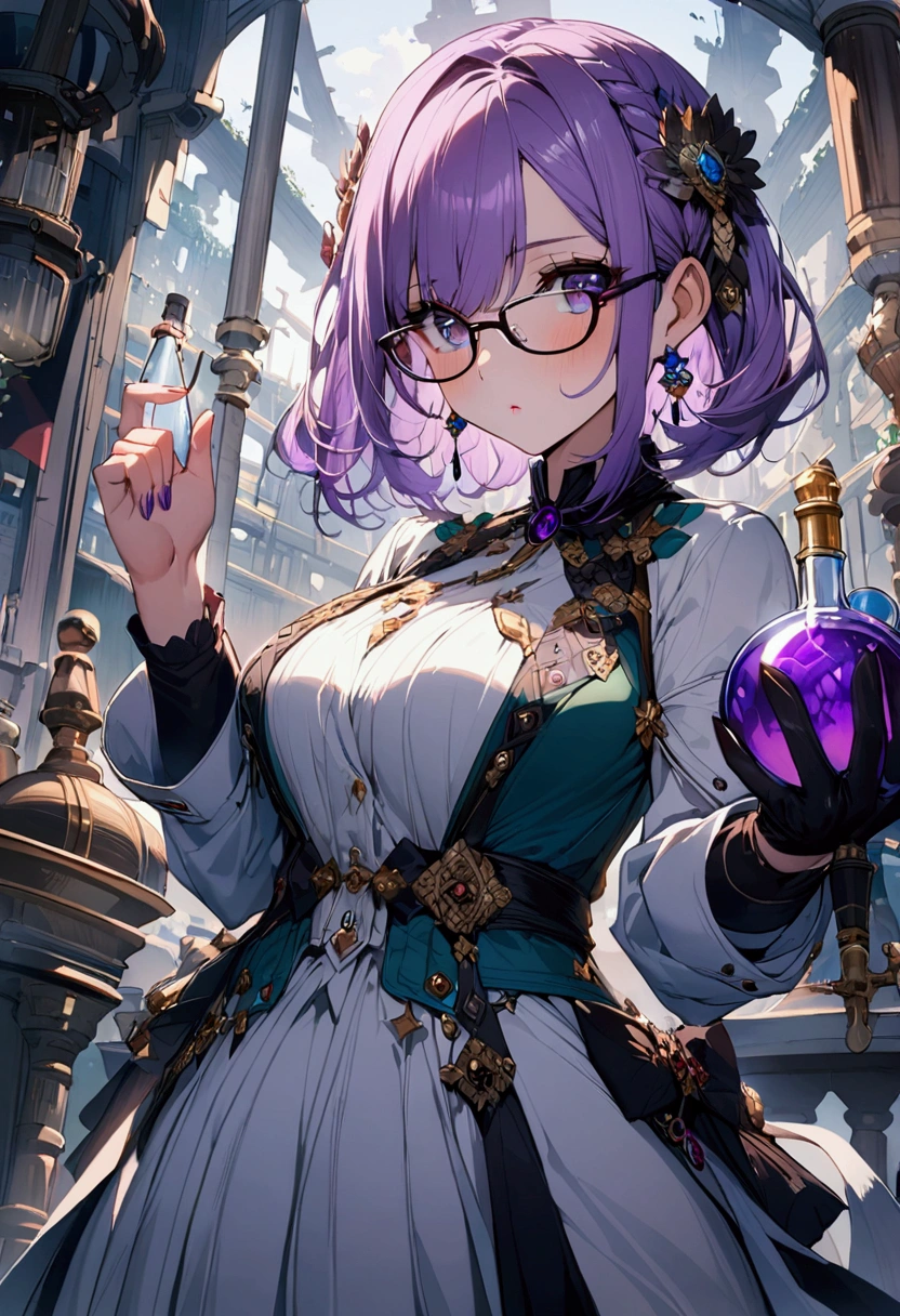 Anime beautiful girl，scientist，Glasses，purple hair，High and cold，科學Glasses，Flask，indifferent