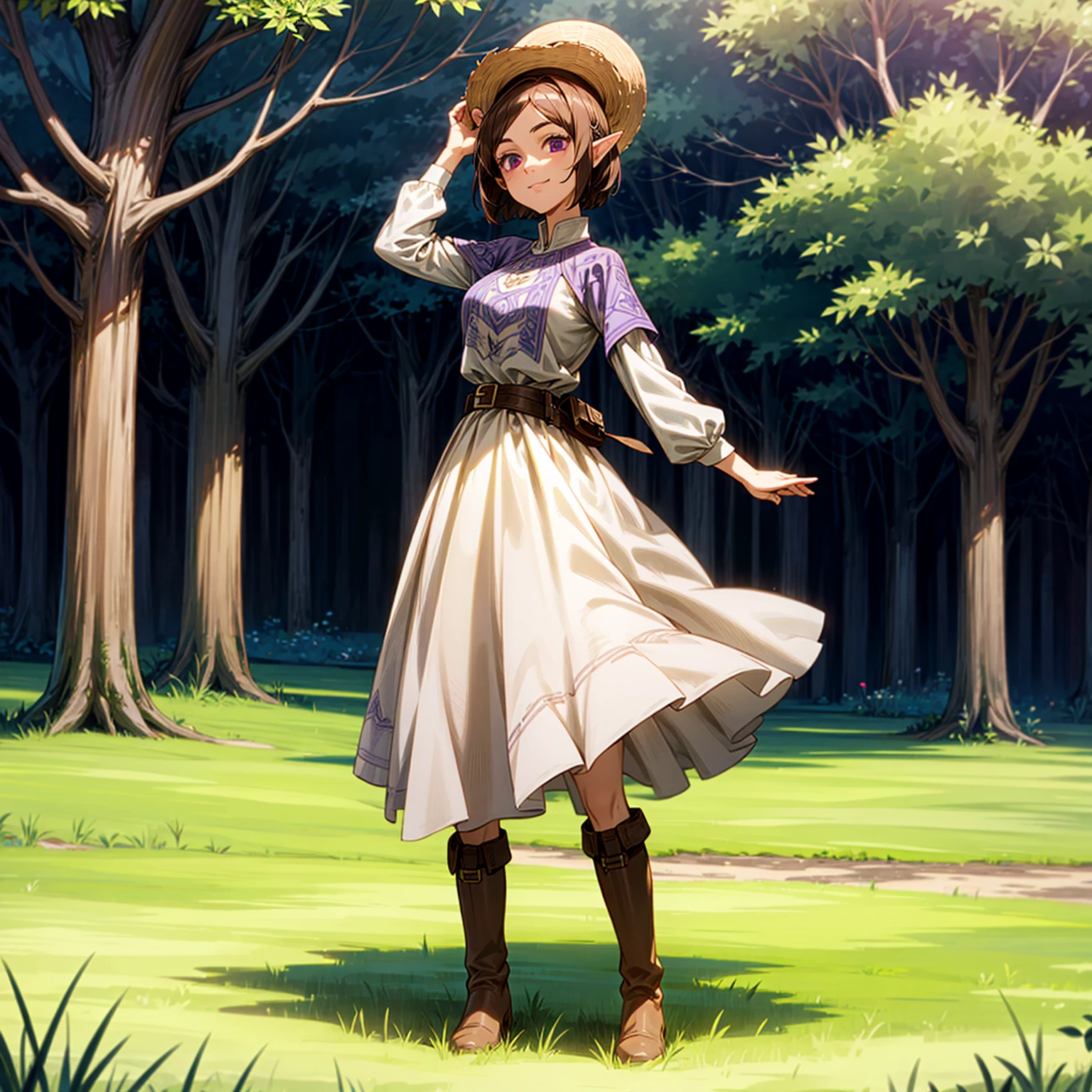 Solo character, full body version, young girl, (elf), purple eyes, brown hair, Bob haircut, curly haircut, Victoria dress clothing, boots, outdoor, field, medieval, morning, standing gesture, detailed background, detailed clothing, detailed hair, (Bleach style art), happy eyes, straw hat, big breast