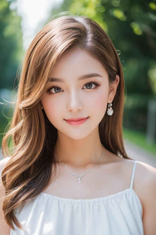 ((Highest quality)), ((Photo quality)), (detailed), Perfect Face,，White Dress，Upper Body