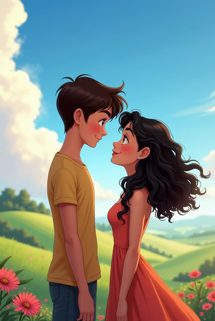 casal adolescente offwhite olhando um pro outro de frente. tall boy, offwhite, Scrawny, with straight, dark brown hair, eyes browns. lowrise, overweight, curly, black hair that falls below the shoulders, eyes browns. arte disney
