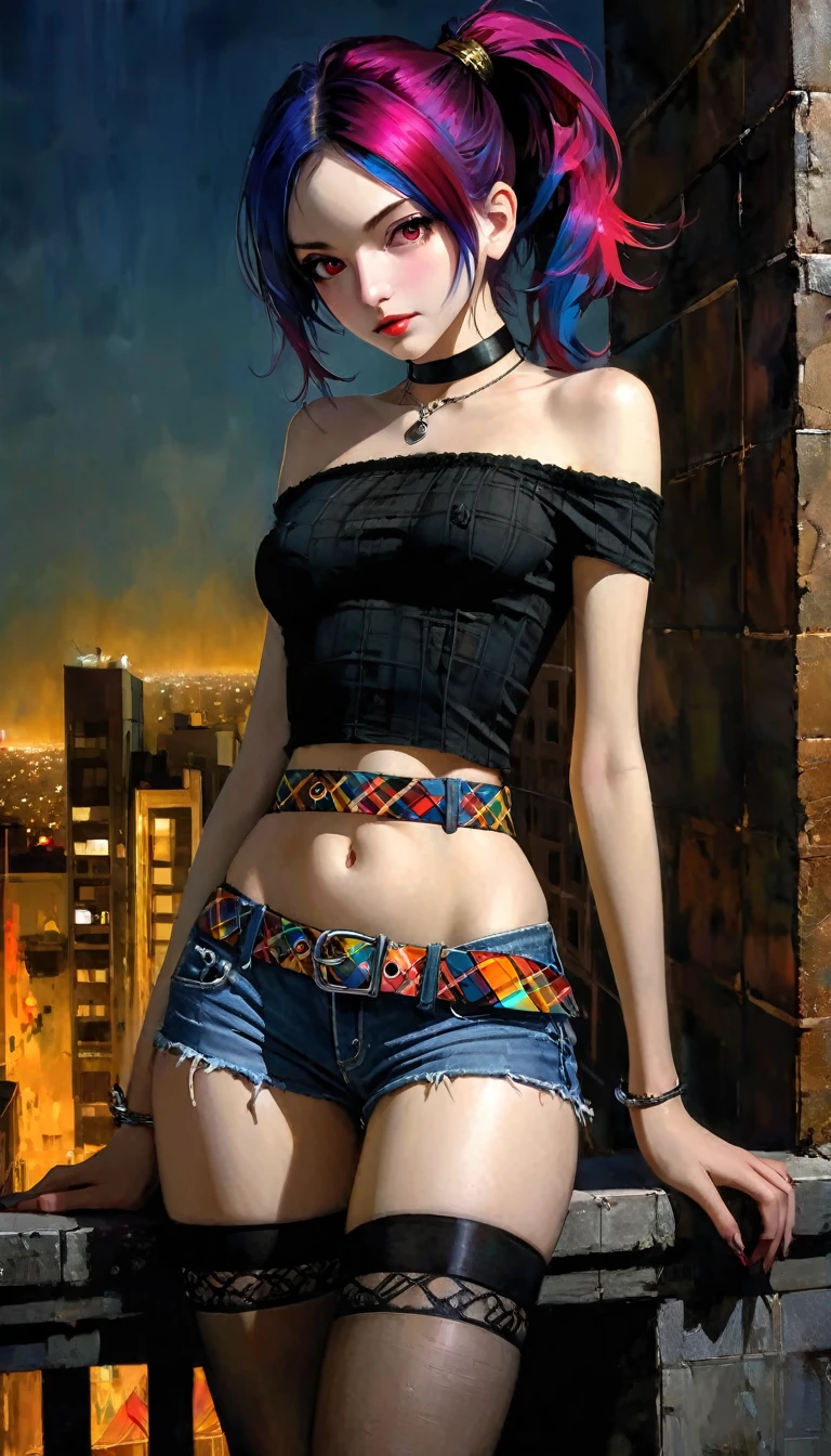 a girl in a sexy outfit with brightly colored hair and colorful eyes standing on the ledge of a building, 1 girl, alone, navel, shorts, looking at viewer, plaid miniskirt, belt, stockings, smile, breasts, choker, thighs, bare shoulders, crop top, stomach, ponytail, abdomen, collarbone, jewelry, shirt, small breasts, cowboy photo, black choker, red eyes, closed mouth, (best quality, masterpiece, ultra detailed, illustration: 1.2), (8K wallpaper), (beautiful detailed eyes: 1.2), beautiful, amazing and detailed eyes, (detailed skin) eroticism, sexy, black and white image, between shadows, oil painting, chiaroscuro, sensual lighting and dramatic, moody atmosphere, photorealistic, intricate details, masterpiece, ultra detailed, high quality, 8k, best quality, realistic, cinematic, dark and brooding, expressionist, powerful composition, emotional impact, { {{,{pussy,spread her Pussy,cum,cum on Pussy,masterbation,straddling,},{{{back,doggystyle,penis,1boy}}} art inspired by Bill. Sienkiewicz and Dave McKean, (best quality, 4k, 8k, high resolution, masterpiece: 1.2), ultra-detailed, (realistic, photorealistic, photorealistic: 1.37), details intricate, vivid colors, sharp focus, professional, Dave McKean artwork, surrealism oil touch, oil painting style, portrait, woman, beautiful detailed eyes, beautiful detailed lips, dreamy atmosphere, shadow play, lighting soft, fun pose, dark tones, ethereal background, fantasy elements, texture, layered composition.
