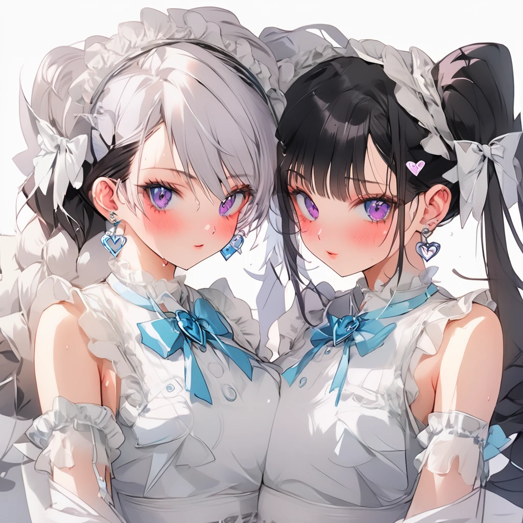 Two beautiful women in white idol costumes are entangled on the bed, sweating and translucent.