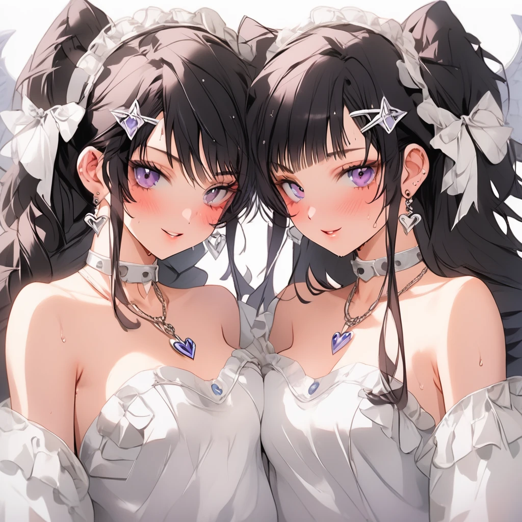 Two beautiful women in white idol costumes are entangled on the bed, sweating and translucent.