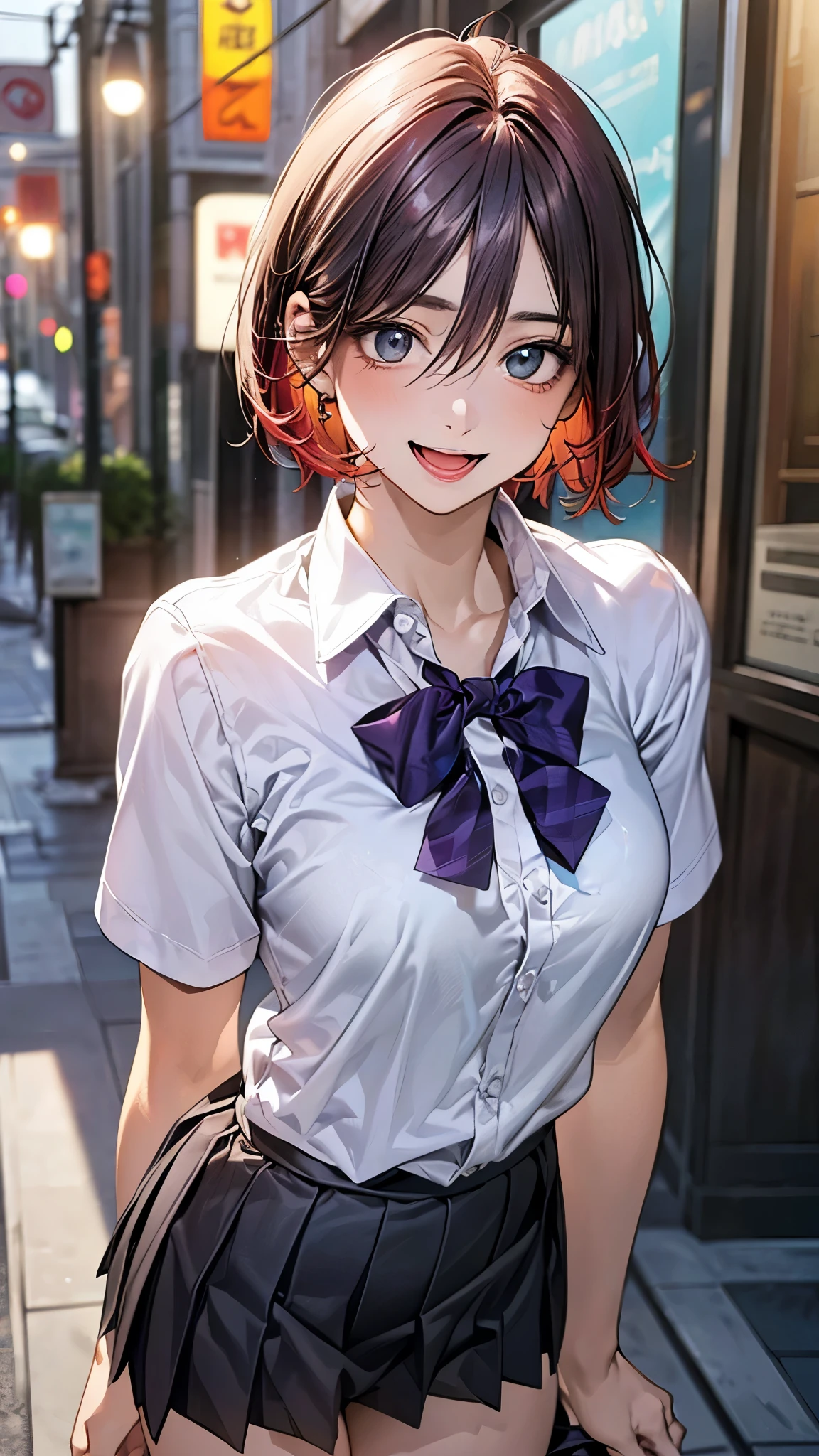(masterpiece:1.2, highest quality), (realistic photo:1.4), beautiful illustrations, (natural side lighting, movie lighting),
beautiful hair, beautiful face, detailed and beautiful eyes, beautiful clavicle, beautiful body, beautiful breasts, beautiful thighs, beautiful feet, beautiful fingers,
looking at the viewer, 1 girl, high school girl, (perfect anatomy, anatomically correct, super detailed skin), cute symmetrical face, baby face, perfect face, perfect eyes, slender,
(short hair, pixie cut hairstyle, red hair), hair between eyes, emerald green eyes, big eyes, slant eyes, long eye lasher, (medium breasts, seductive thighs), perfect body, shiny skin,
(detailed cloth texture, break (short sleeve grey collared shirt), break (dark purple pleated skirt, dark purple bow tie), break
(beautiful scenery), night, (street;1.2), standing, (lovely smile, upper eyes, open mouth),