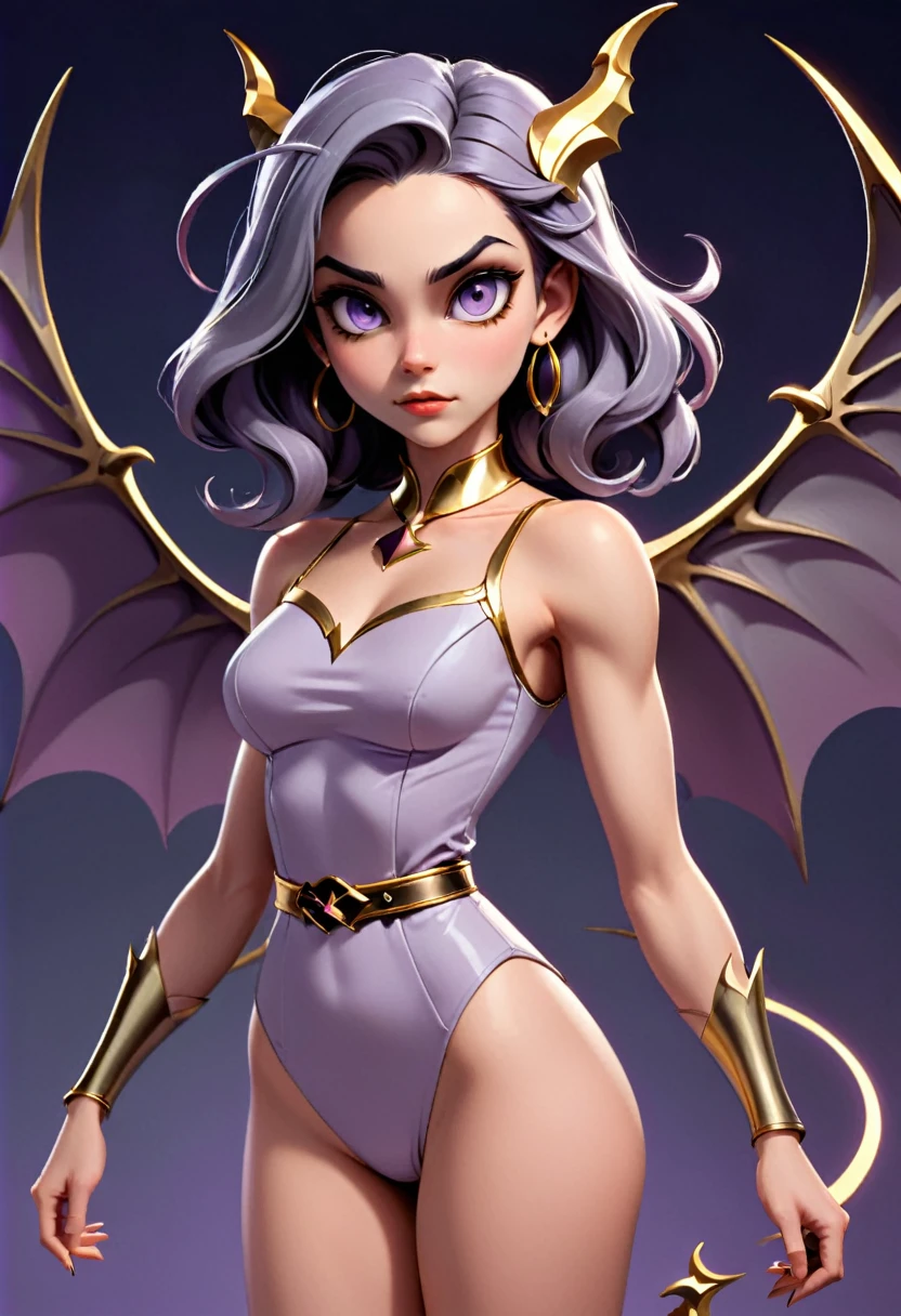 a female gargoyle character with a humanoid form, lavender-gray skin, and bat-like wings. She has a sleek, athletic build with sharp claws on her hands and feet, pointed ears, and a long, slender tail. Her face is expressive with large, almond-shaped eyes, a defined nose, and a strong jawline. She wears a cream-colored tunic with a golden belt at the waist, along with gold hoop earrings and a gold bracelet. Her dark brown hair is voluminous and styled in a wave that falls just above her shoulders. The setting should have a night-time, gothic atmosphere with dramatic shadows to highlight her confident and poised stance. In the style of a 90s disney cartoon.