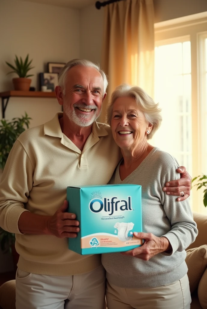 Create an advertisement of an elderly couple holding an adult diaper box from the Olifral brand