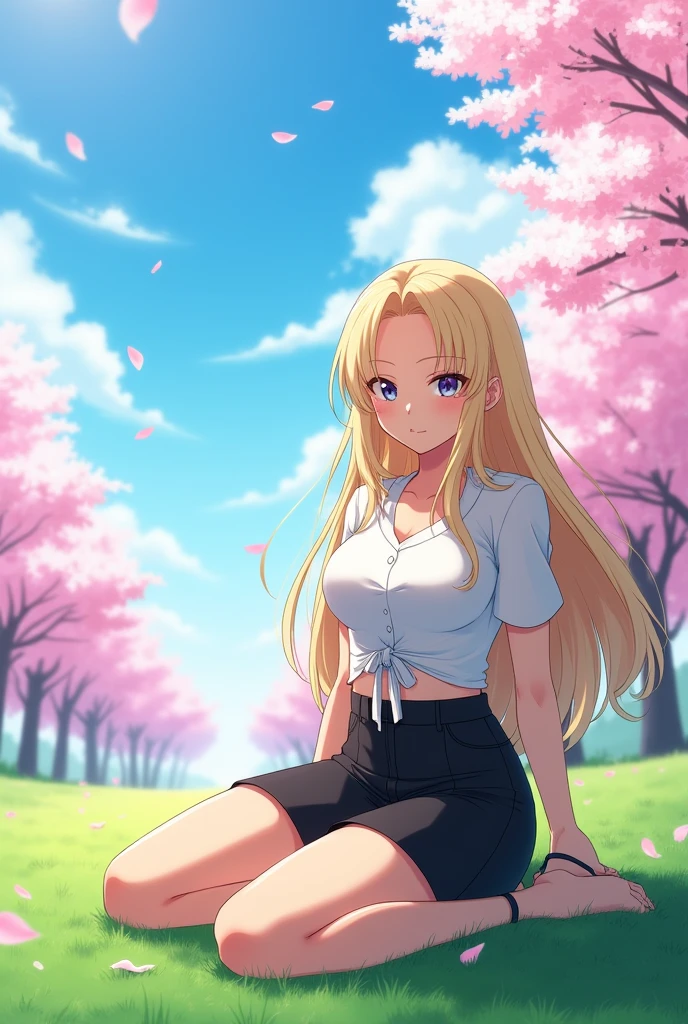 Generate an anime of a white woman with a short black skirt sitting cross-legged and a white blouse tied up