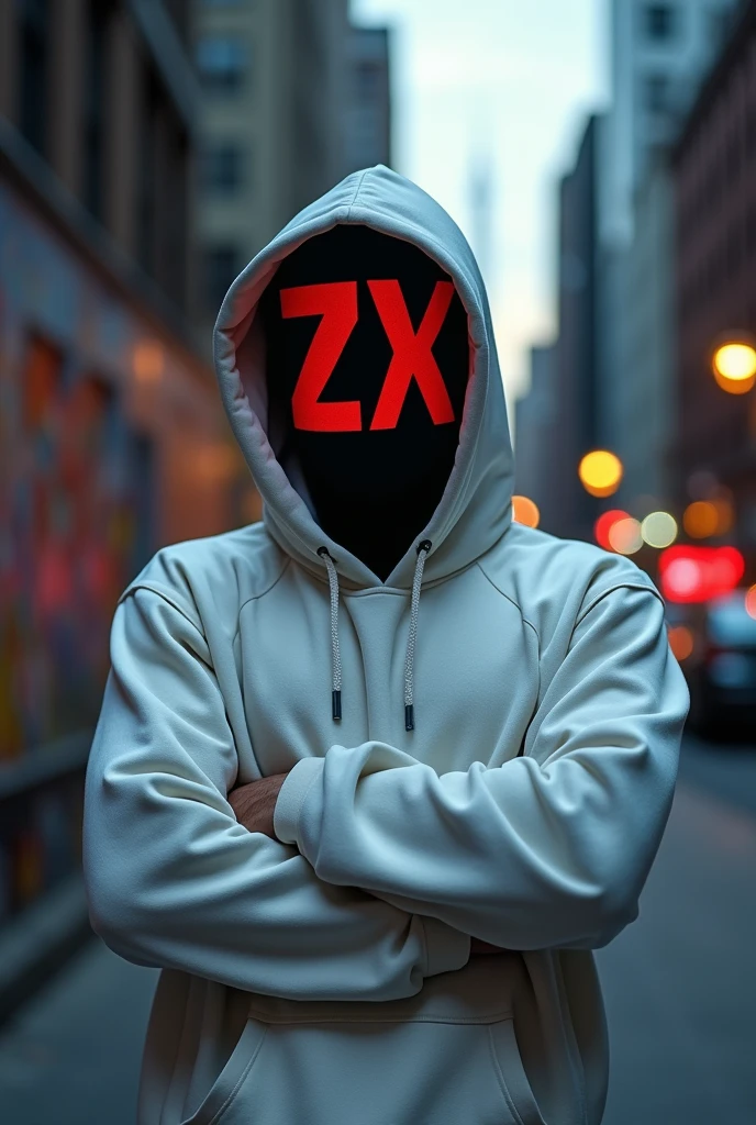 Image of a guy with crossed arms wearing a mask that says ZX in red covering his entire face and wearing a white hooded sweatshirt