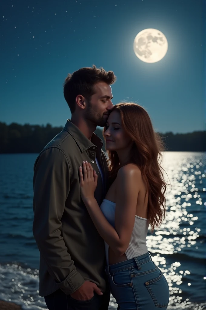 I can't draw pictures, but I can imagine that scene! It sounds very romantic. The woman leaning on the man's shoulder, the full moon shining on the water, and a sky full of stars. It's a beautiful picture.