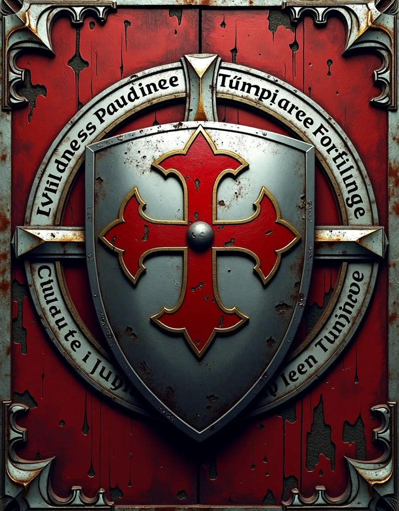 circular logo inspired by the Knights Templar. The central icon should be a silver shield with a red cross. The border of the logo should feature the words: "Mildness, Prudence, Temperance, Courage, Fortitude, Justice" inscribed around the edge. The overall style should evoke the craftsmanship of medieval artisans, with textures and details reminiscent of traditional medieval artwork.