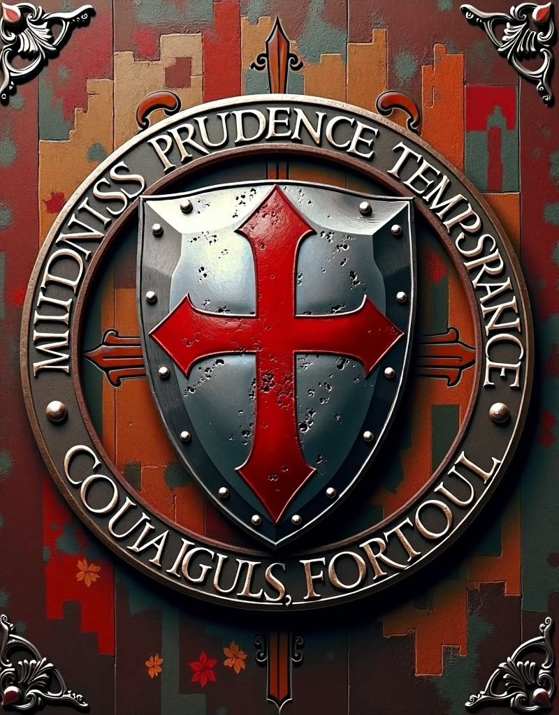 circular logo inspired by the Knights Templar. The central icon should be a silver shield with a red cross. The border of the logo should feature the words: "Mildness, Prudence, Temperance, Courage, Fortitude, Justice" inscribed around the edge. The overall style should evoke the craftsmanship of medieval artisans, with textures and details reminiscent of traditional medieval artwork.