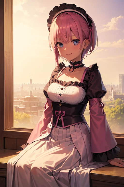 (Highest quality, 4K, 8k, High resolution, masterpiece:1.2), Very detailed, Picturesque, Anime style photo, Photo Anime:1.37)、Japanese、(Pink pixie cut)、smile、Black choker、gothic ta、whole body、Nakano Ichika