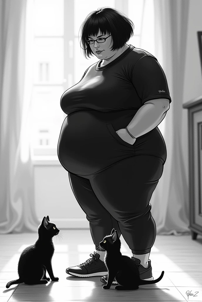 (Photorealism:1.2), black and white drawing of a large woman dressed in sporty black, short black hair channel, finding two black kittens that stare at her.