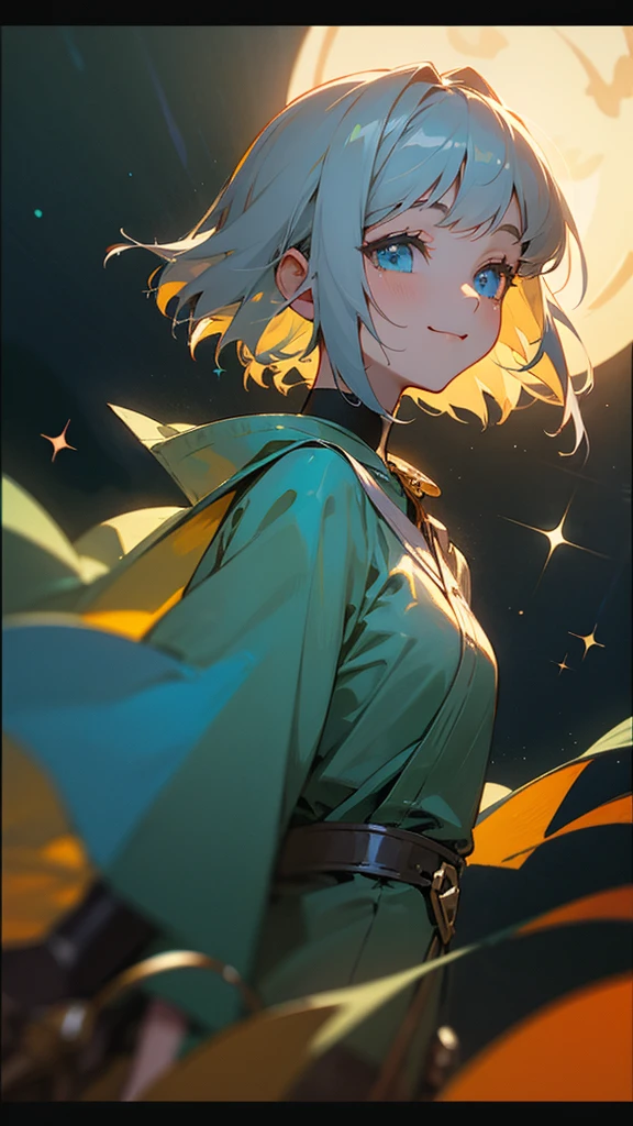 1 Girl、solo、Anime style painting、Upper body close-up、smile、From the side, impression, (Oil), Green and orange tones、Silver Hair, (Sparkling Blue Eyes)、Delicate contours、Park under the moonlight、Background Blur, The depth of the drawn border